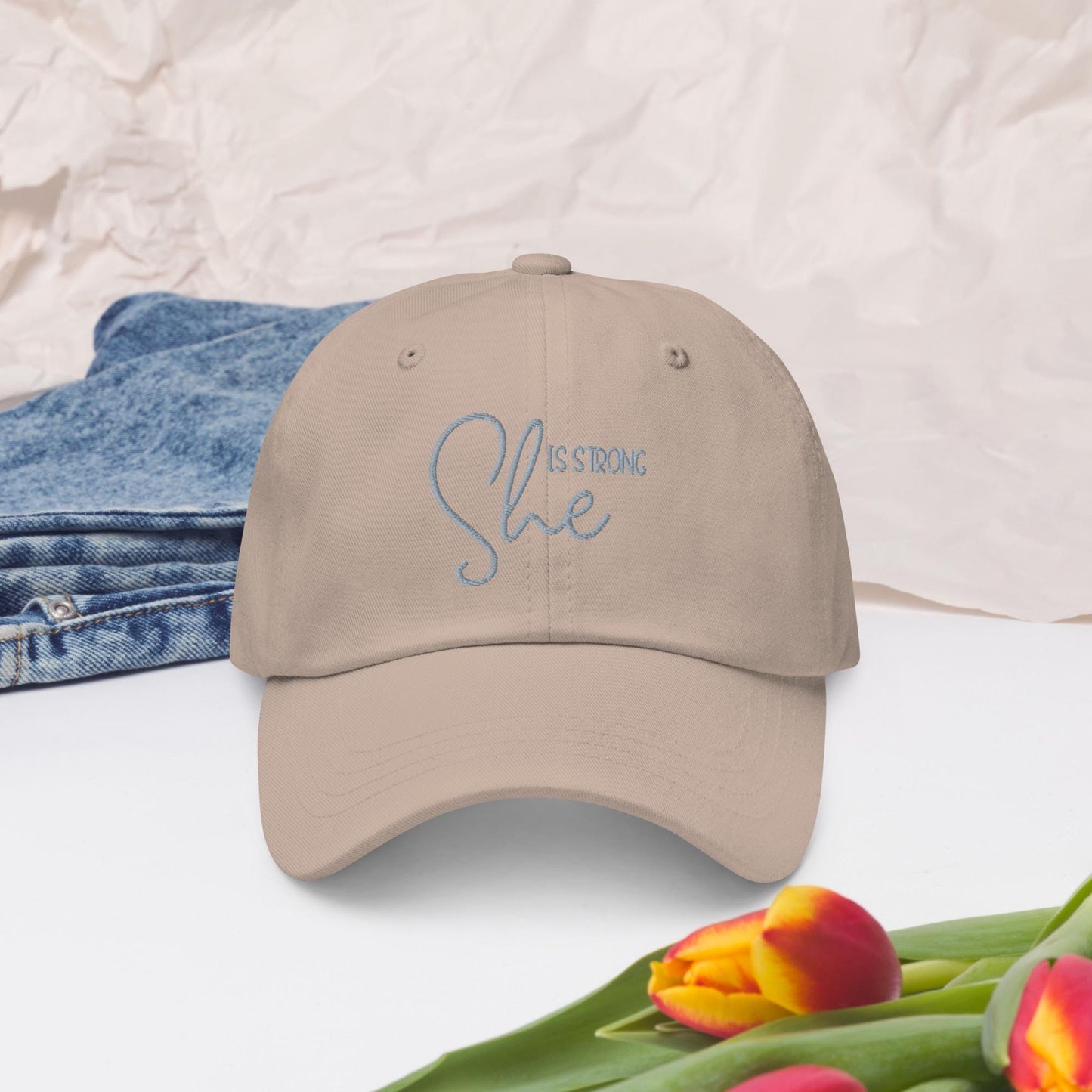 She Is Strong Embroidered Hat  Inspirational Women's Cap  Adjustable Cotton Twill