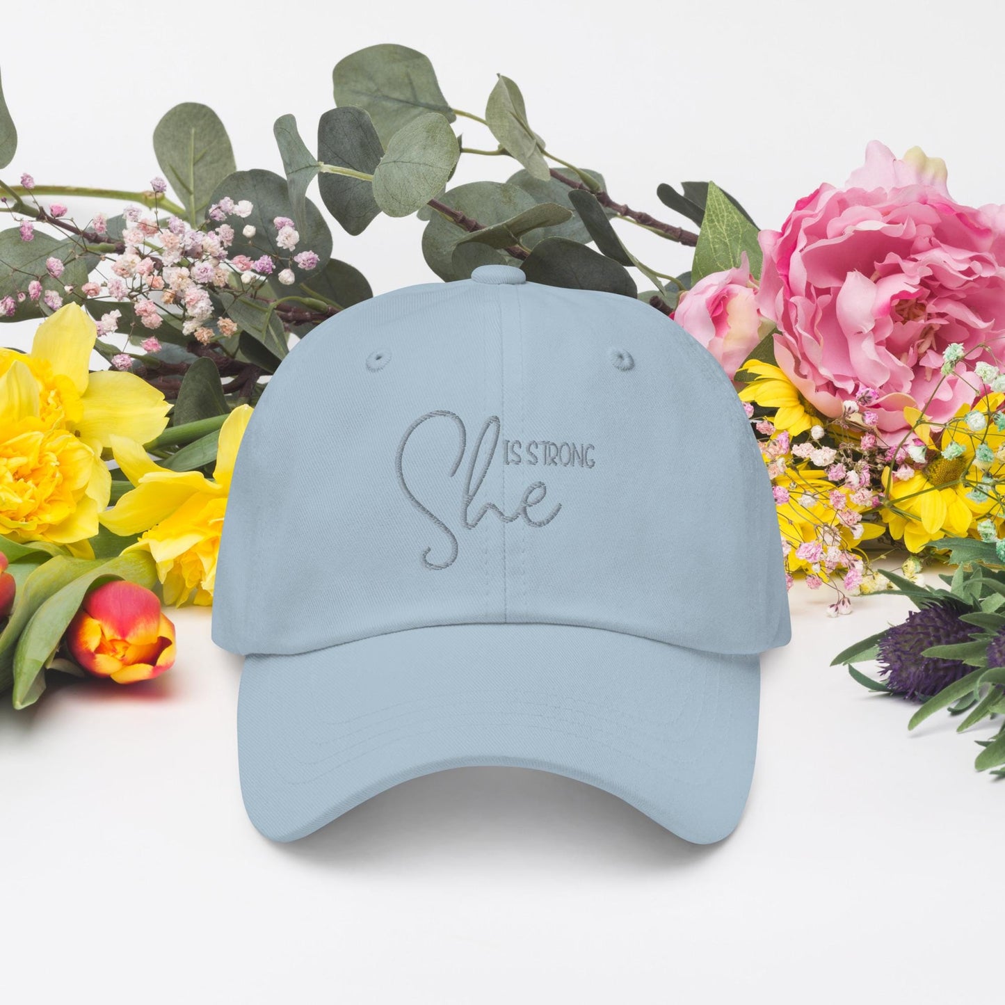 She Is Strong Embroidered Hat  Inspirational Women's Cap  Adjustable Cotton Twill