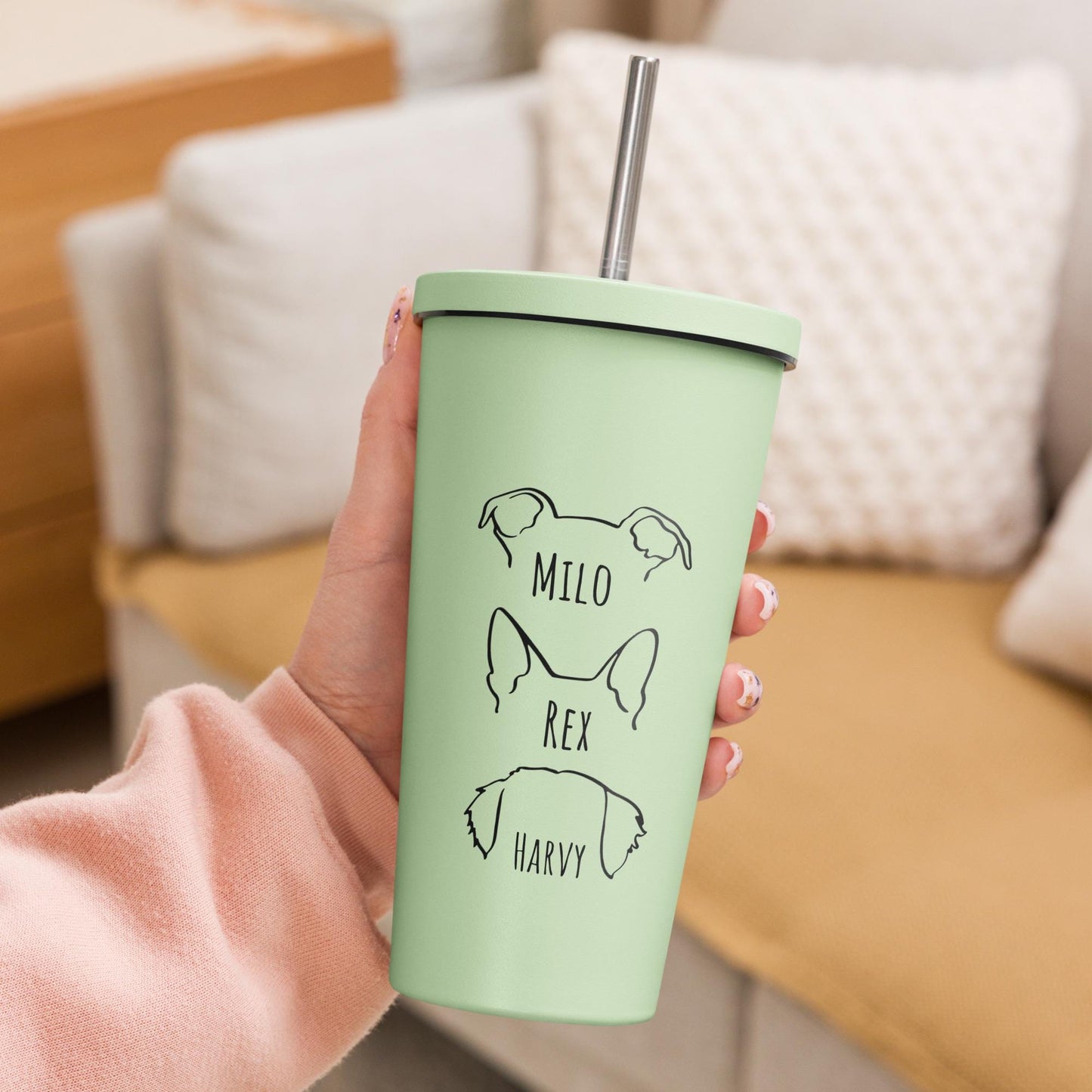 Personalized Stainless Steel Tumbler  'Dog Mom' or 'Dog Dad' with Custom Dog Ears Illustration